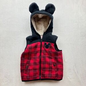 Disney Mickey Mouse Toddler 3T Vest Red Plaid Hooded‎ Sherpa Lined Cozy Playful